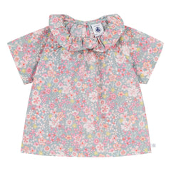 Petit Bateau - Çiçek Desenli Fırfırlı Yakalı Pamuklu Bluz | Turkuaz