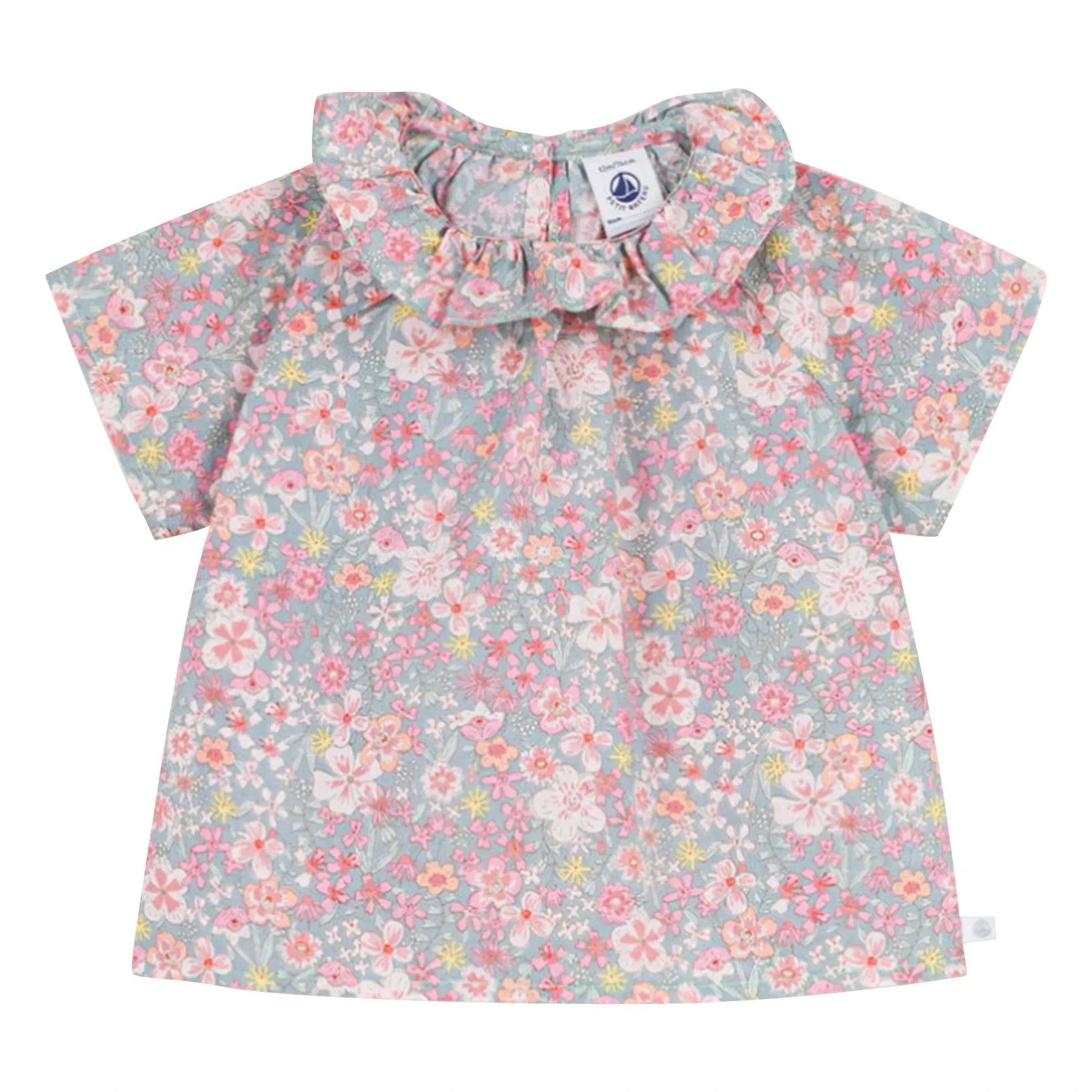 Petit Bateau - Çiçek Desenli Fırfırlı Yakalı Pamuklu Bluz | Turkuaz