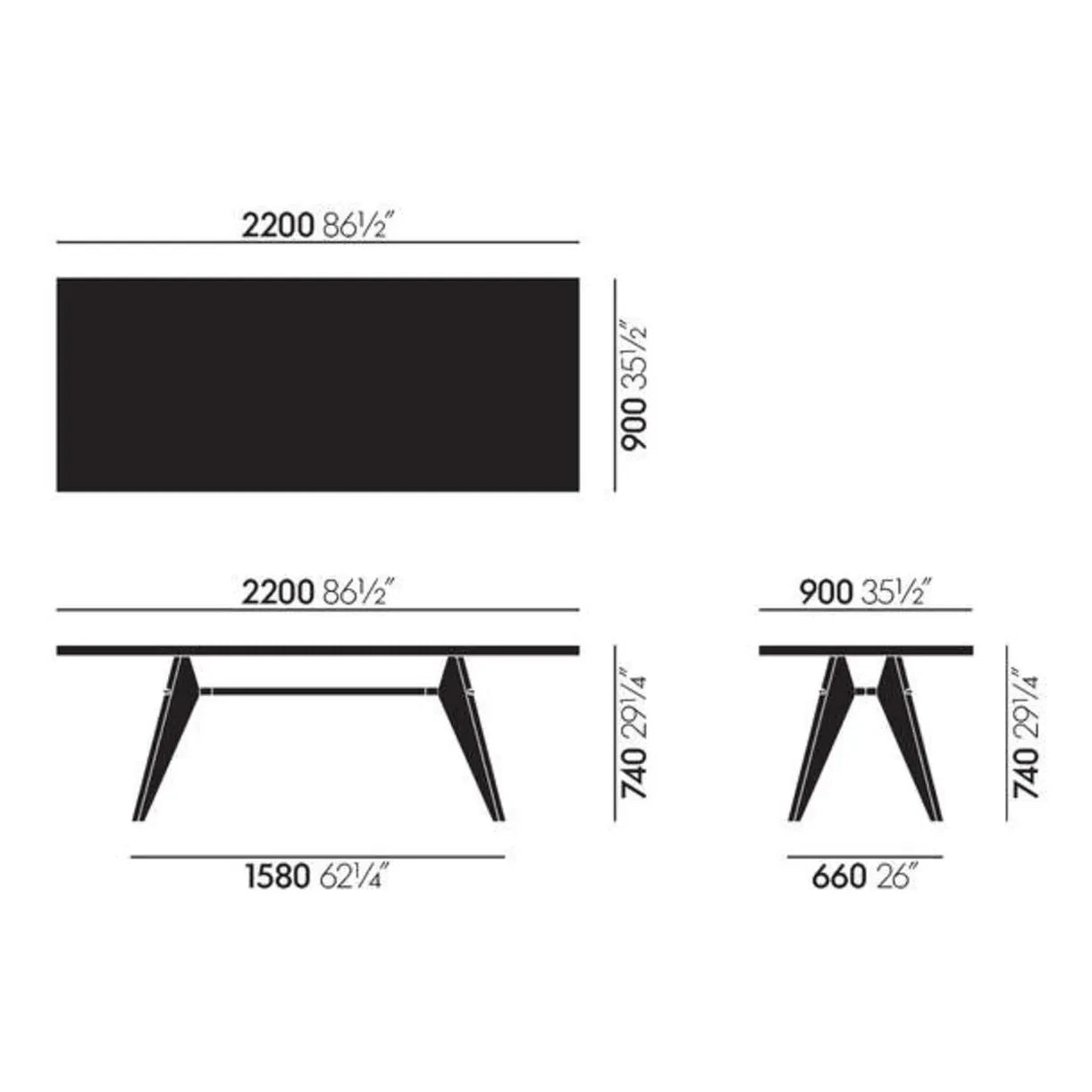 Vitra - EM Table, geöltes Naturholz Eiche 220x90 cm - schwarze Beine - Jean Prouvé | Eiche