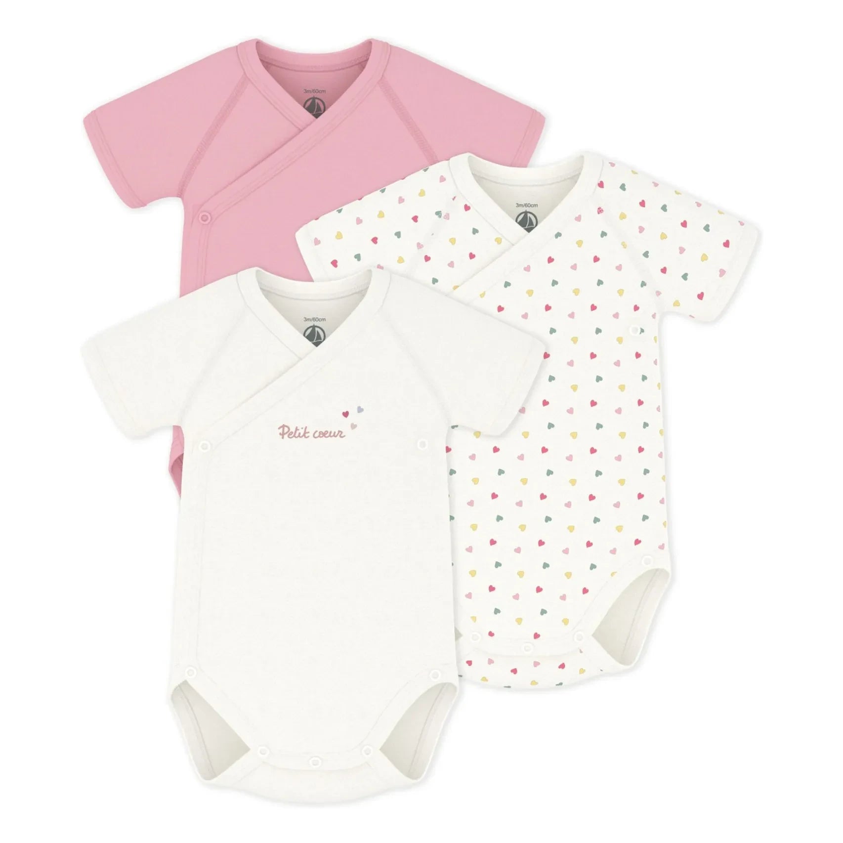 Petit Bateau - Pack of 3 Small Heart Organic Cotton Crossbody Bodysuits | White