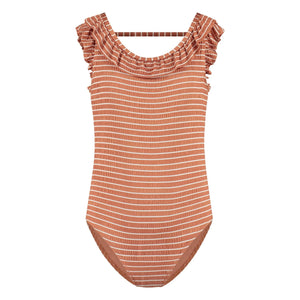 Beachlife - One-Piece Striped Ruffled Recycled Fabric Swimsuit | Caramel