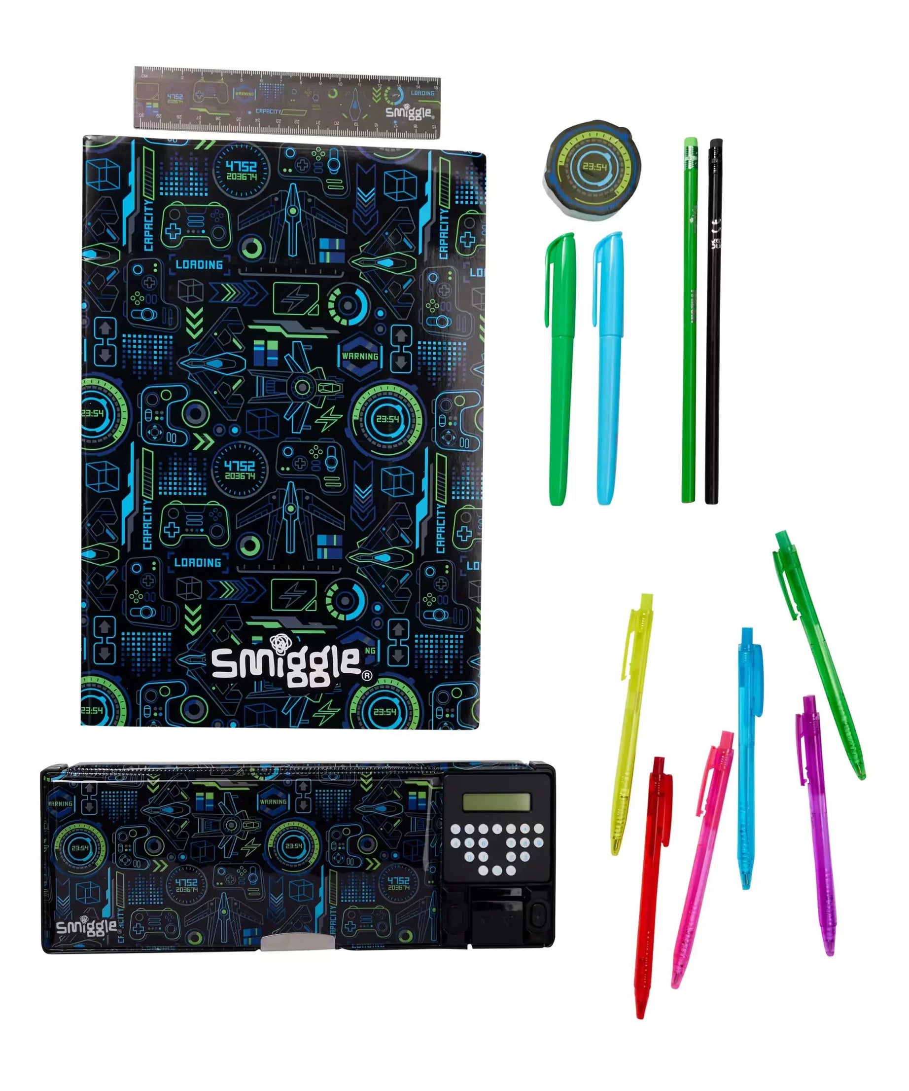 Smiggle - Pop Out Oyun Tutkunu Hesap Makineli Otomatik Kalem Kutusu ve Kırtasiye Seti-Dinossi
