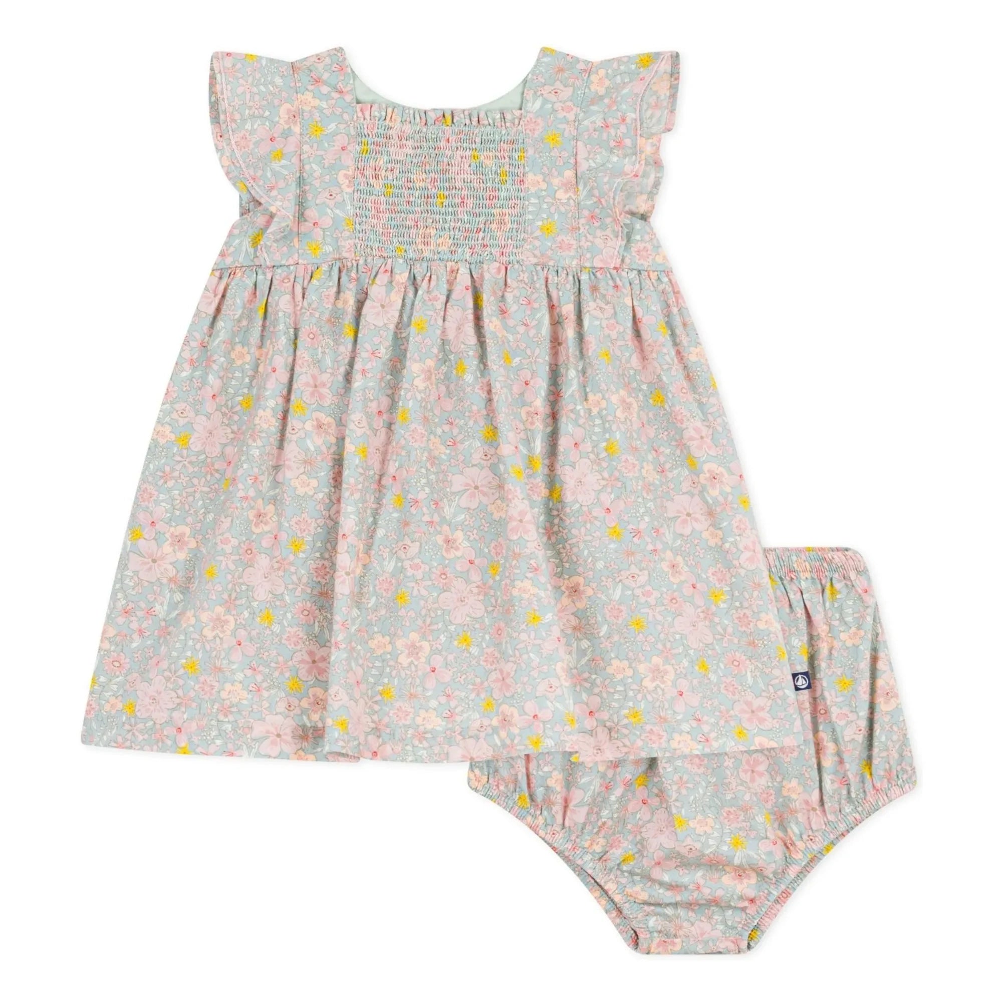 Petit Bateau - Set aus Kleid mit Blumenmuster und Bloomer aus Bio-Baumwolle | Graublau