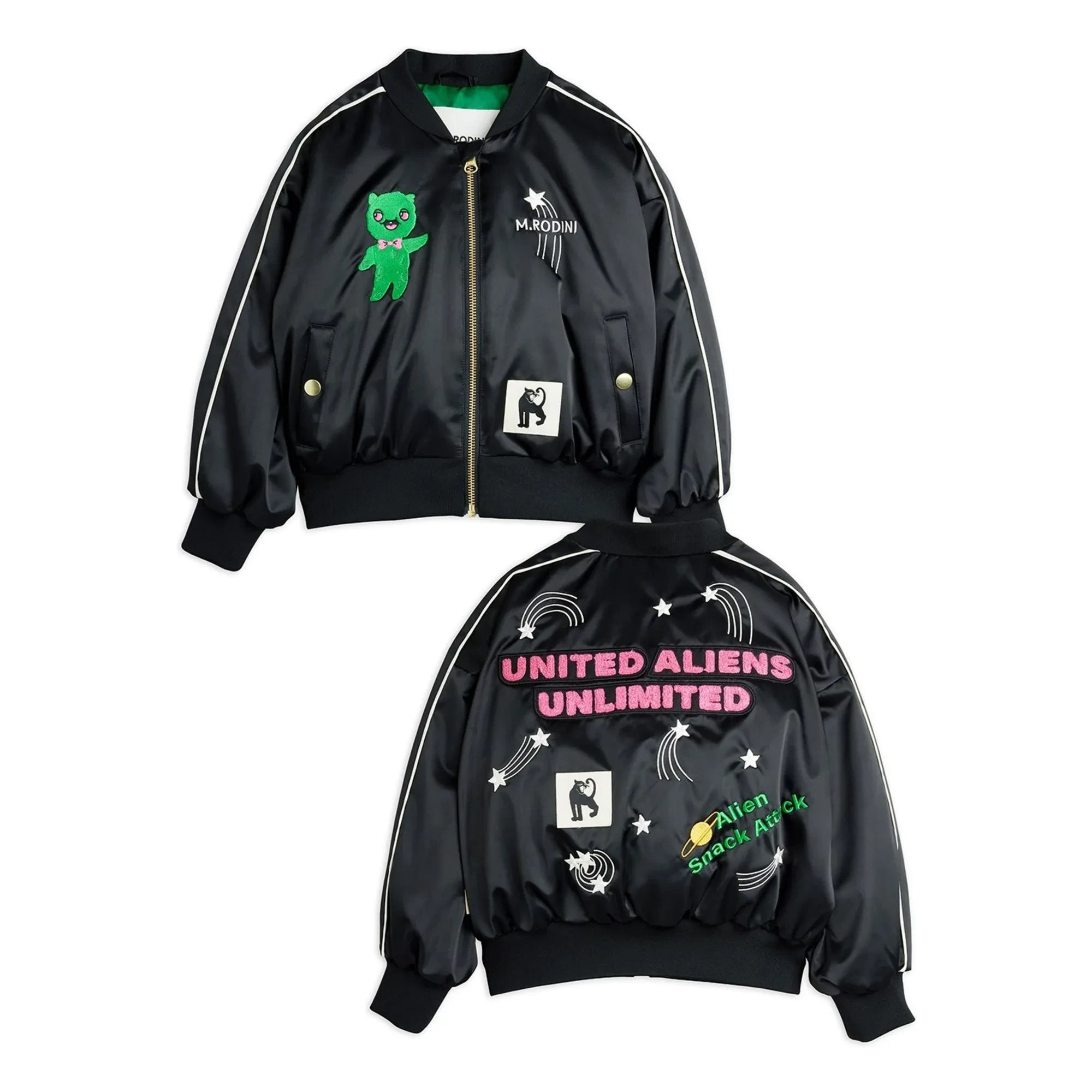 Mini Rodini - Alien Satin Recycled Fiber Baseball Jacket | Black