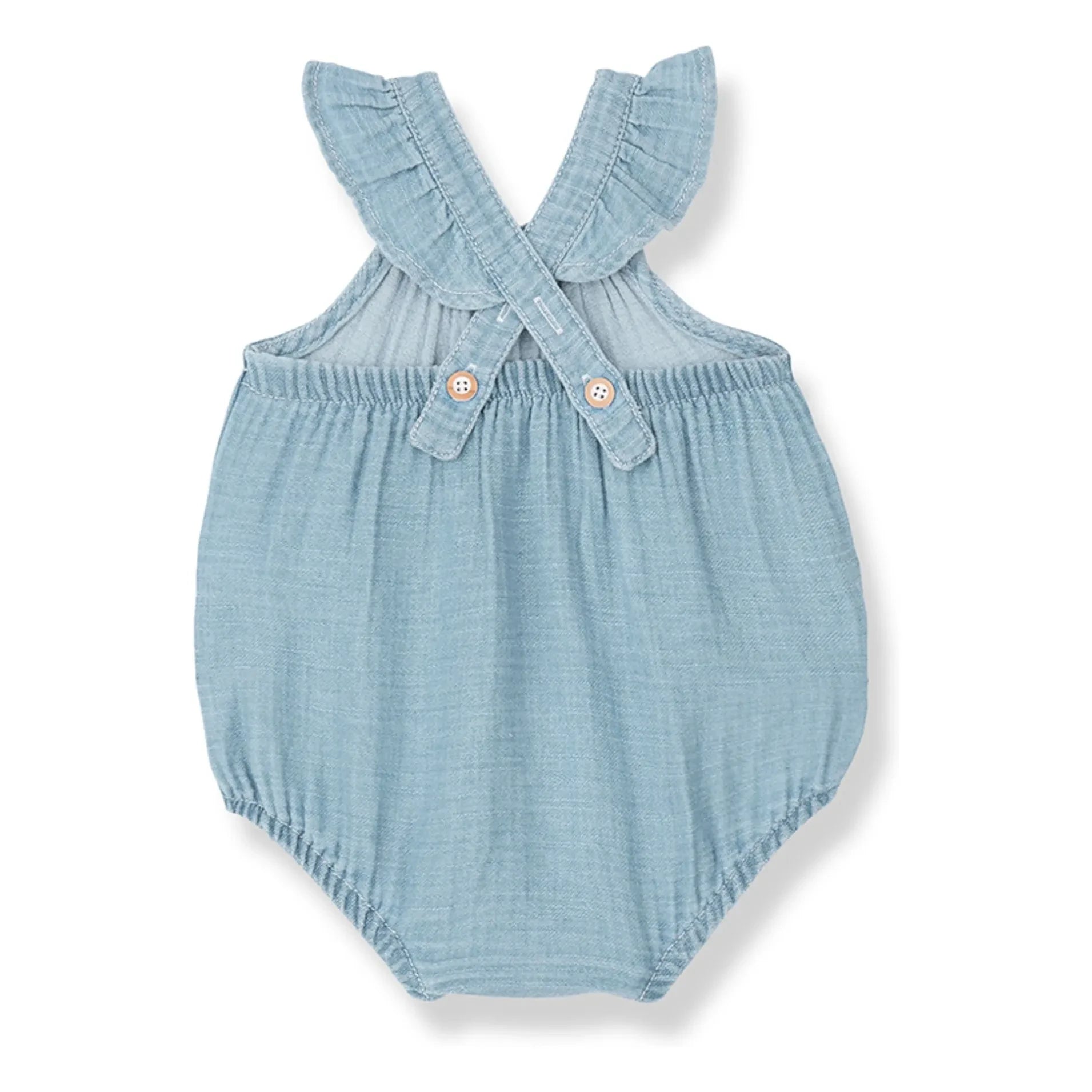 1+ in the family - Yanina Denim Strampler mit Rüschen | Hellblau