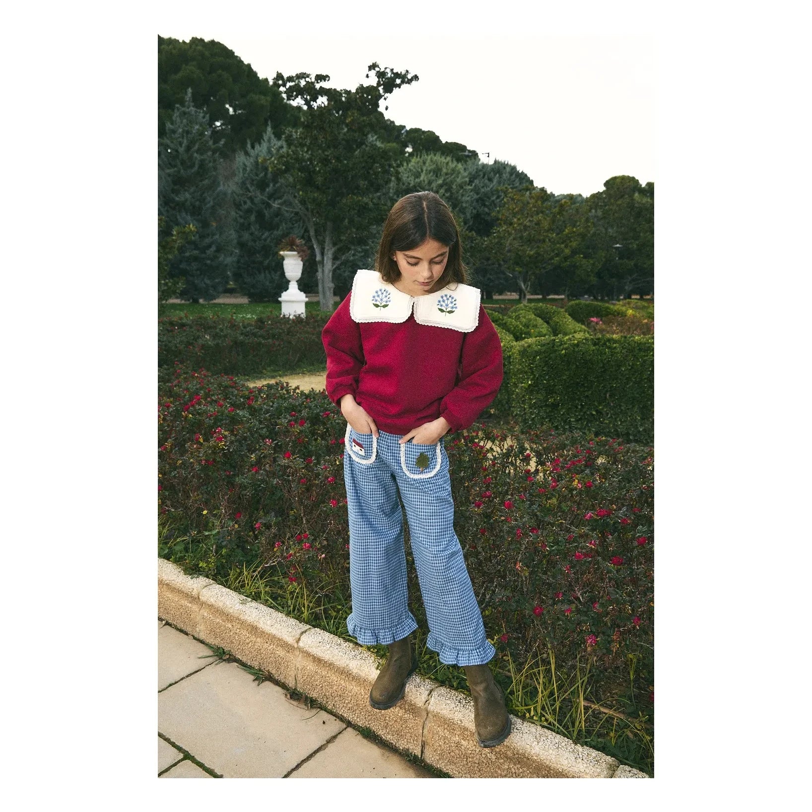birinit - Organik pamuklu işlemeli drapeli yaka sweatshirt | Bordo
