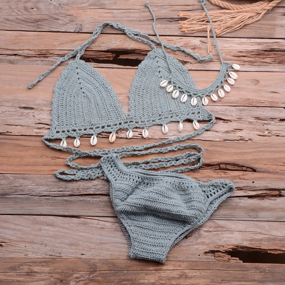 Jesminda - Örme Göl Yeşili Deniz Kabuğu Brezilya 3'lü Bikini Takımı