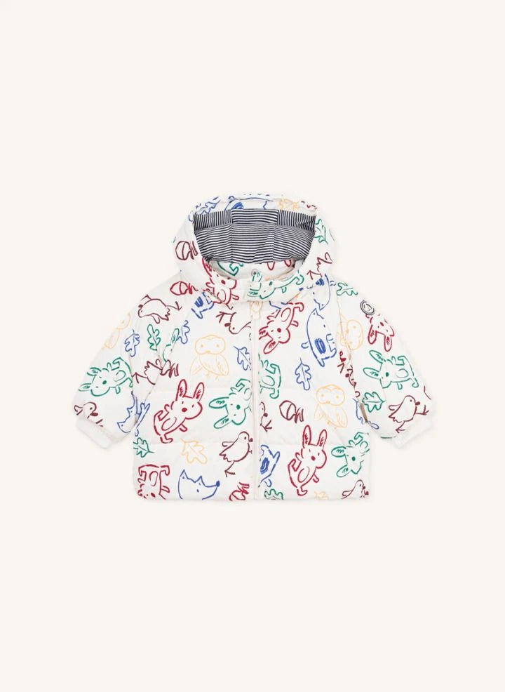 Petit Bateau - معطف داون للأطفال بلون إكرو بنقشة حيوانات