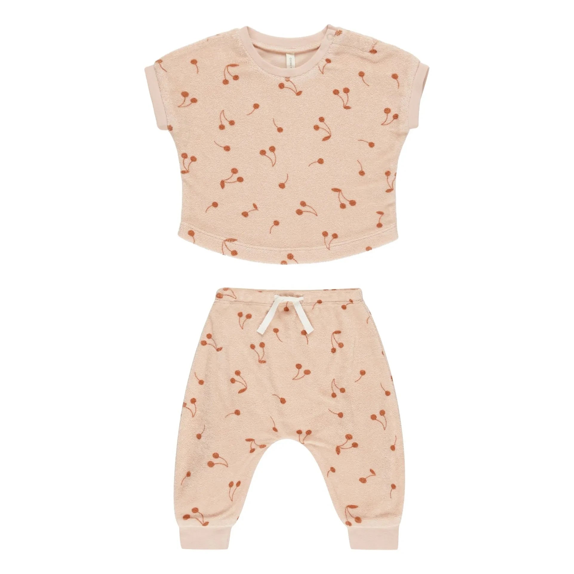 Quincy Mae - Terry T-shirt ve pantolon seti | Soluk Pembe