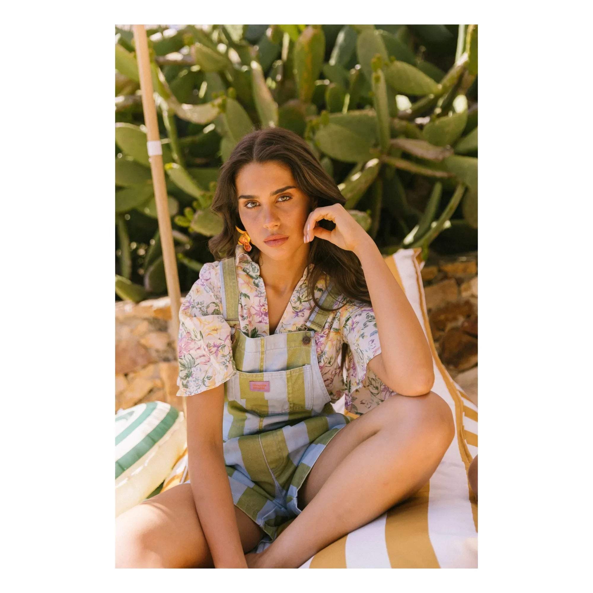 Favorite People - Ravioli Striped Short Overalls - Women's Collection | Olive