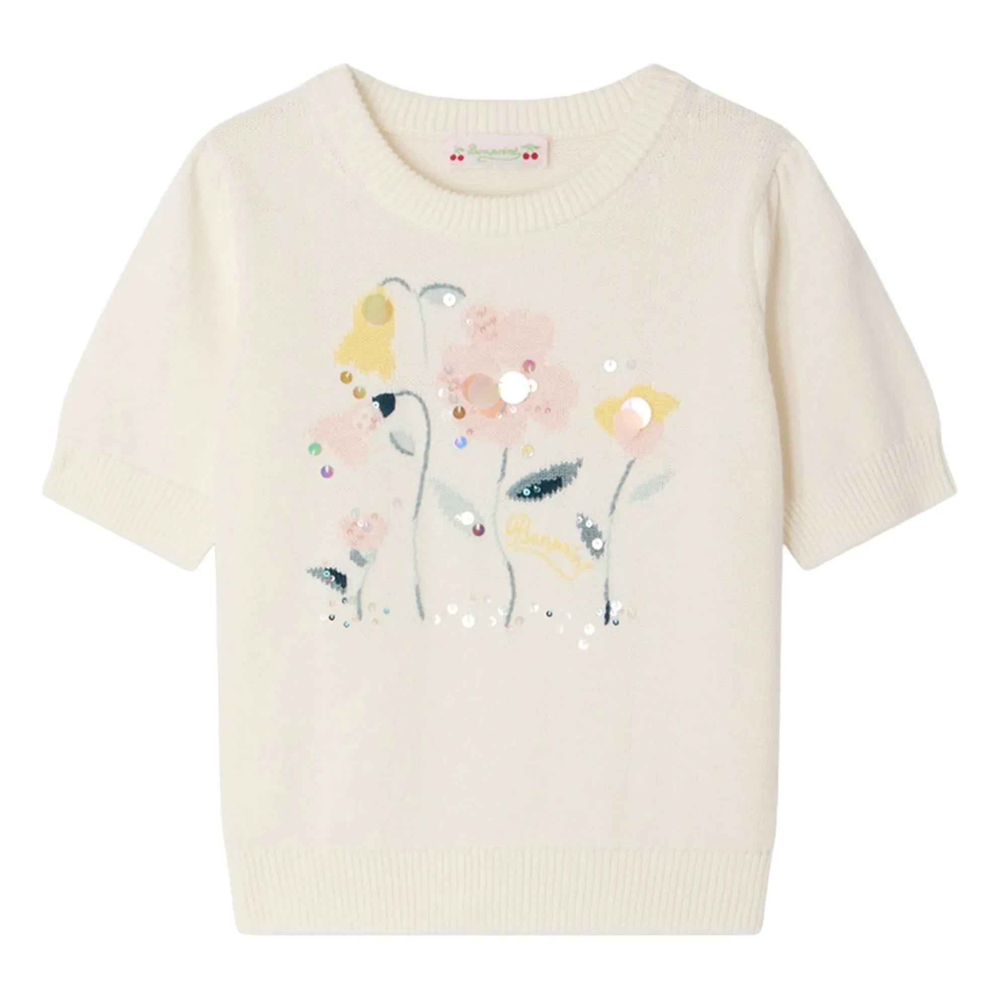 Bonpoint - Elvira Dünnes Strick-T-Shirt Bio-Baumwolle Blumen | Ecru