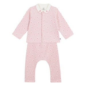 Petit Bateau - Organik pamuklu çiçek desenli hırka, pantolon ve body seti | Pembe