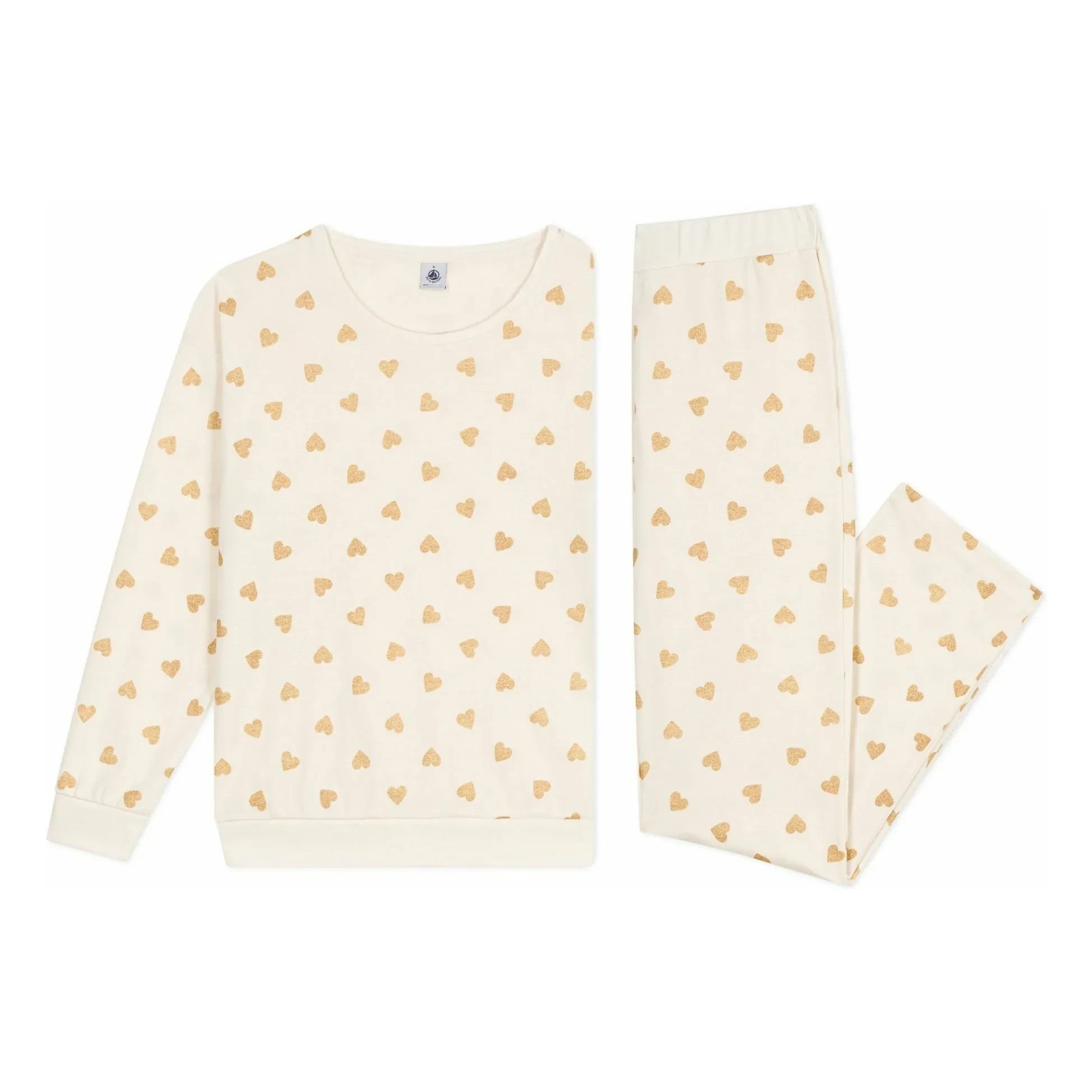 Petit Bateau - Organik Pamuklu Düz Pijama Takımı, Pul Payetli Kalpler | Ekru