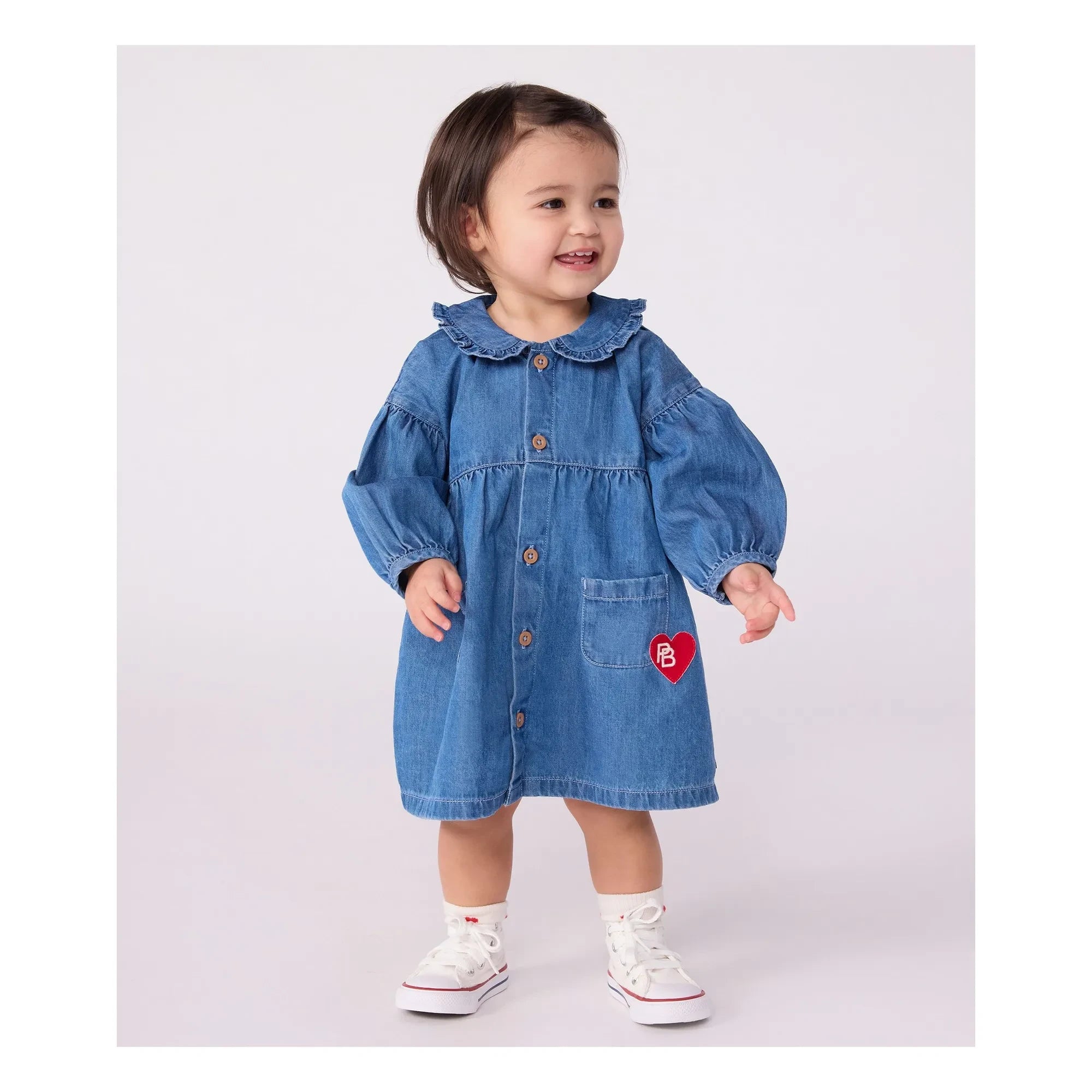 Petit Bateau - Organik Pamuklu Denim Yakalı Elbise | Denim mavi