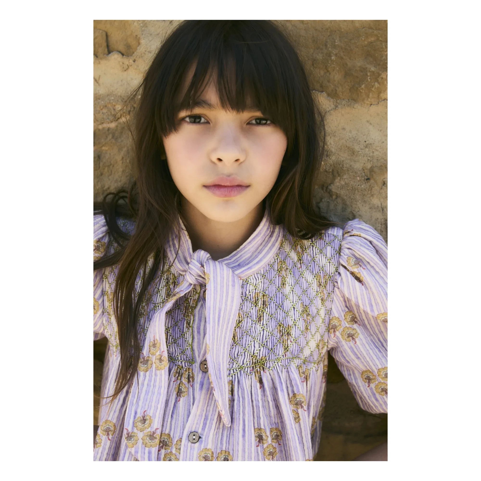 birinit - Striped Organic Cotton Cinca Gathered Dress | Dark Lilac
