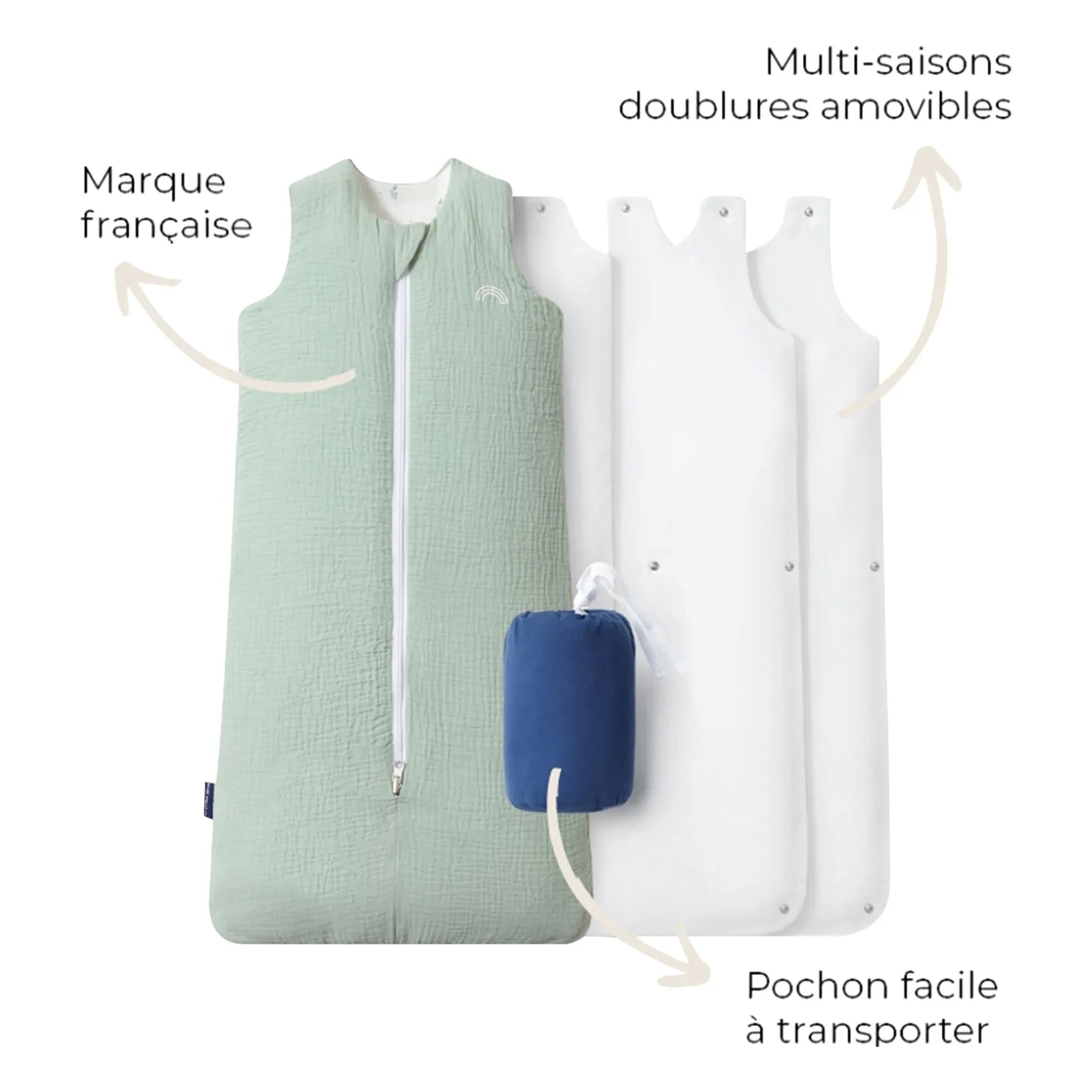 Les Petites Billes - Reversible Multi-season Sleep Suit Made of Double-layer Cotton Gauze | Sage
