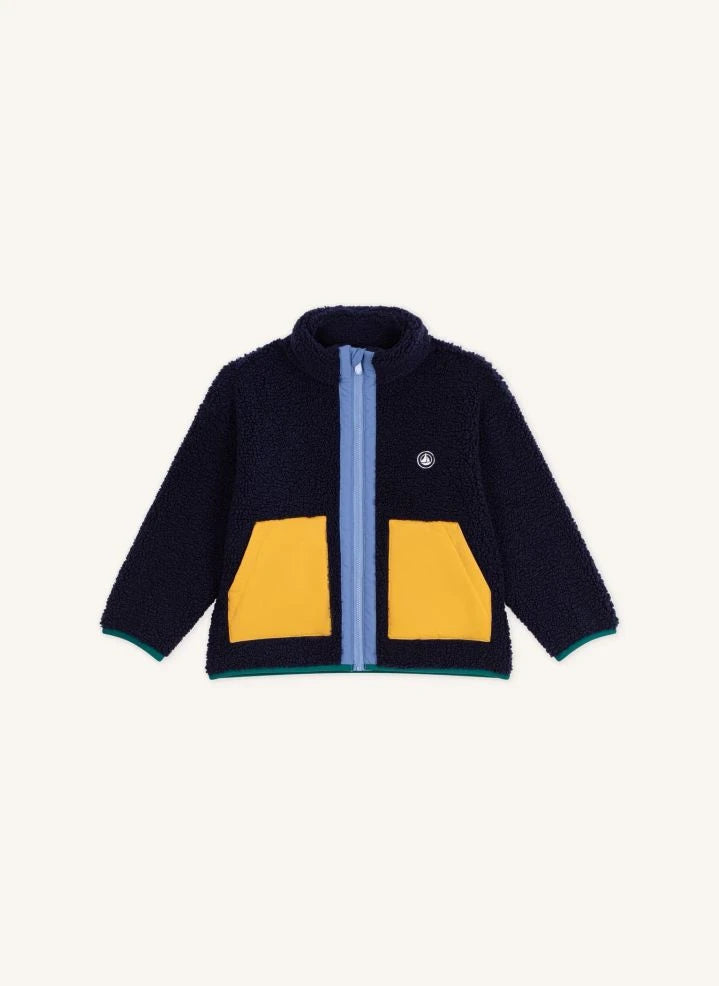 Petit Bateau - معطف شيربا بلوك ألوان باللون الأزرق منتصف الليل
