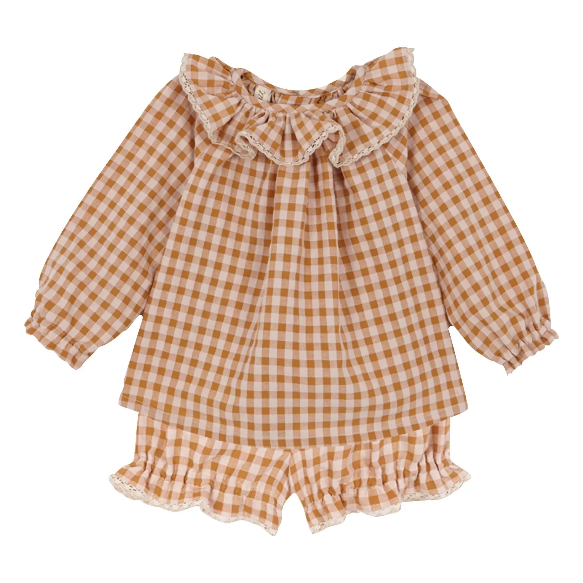 birinit - Set Vichy Bluse und Bloomer aus Bio-Baumwolle | Karamell