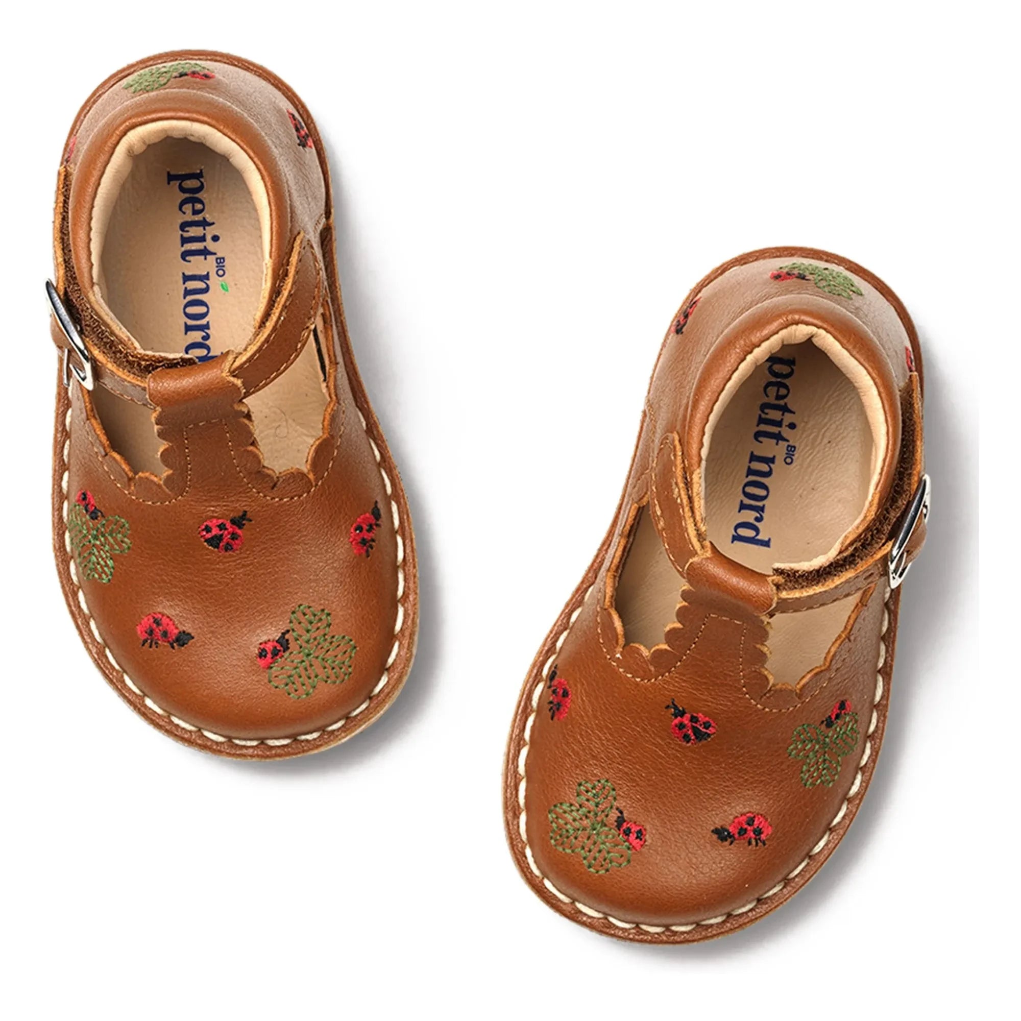 Petit Nord - T-Bar Erste Schritte Schuhe mit Marienkäferstickerei - Uniqua Collection | Kamel