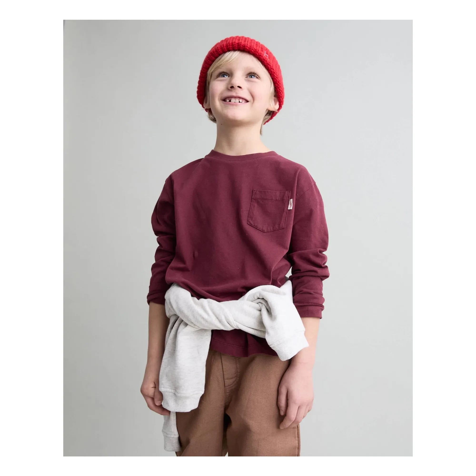 Búho - Organik pamuk cep detaylı T-shirt | Bordo