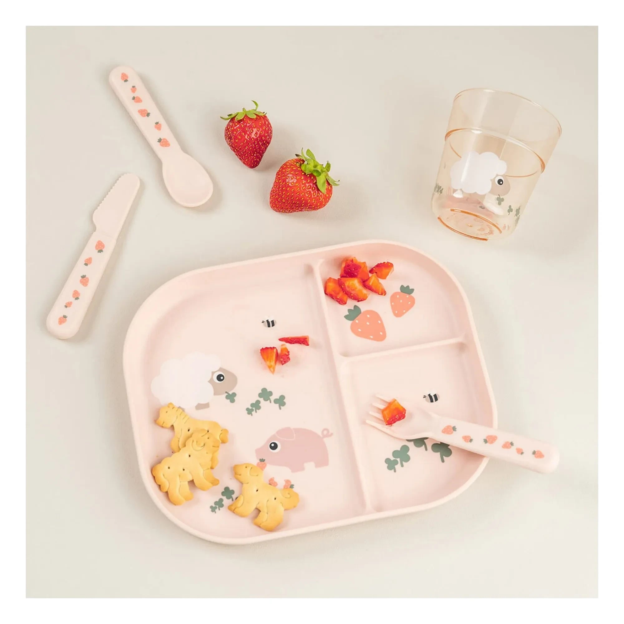Done by deer - Tiny Farm çatal bıçak takımı - 3'lü Set | Açık Pembe