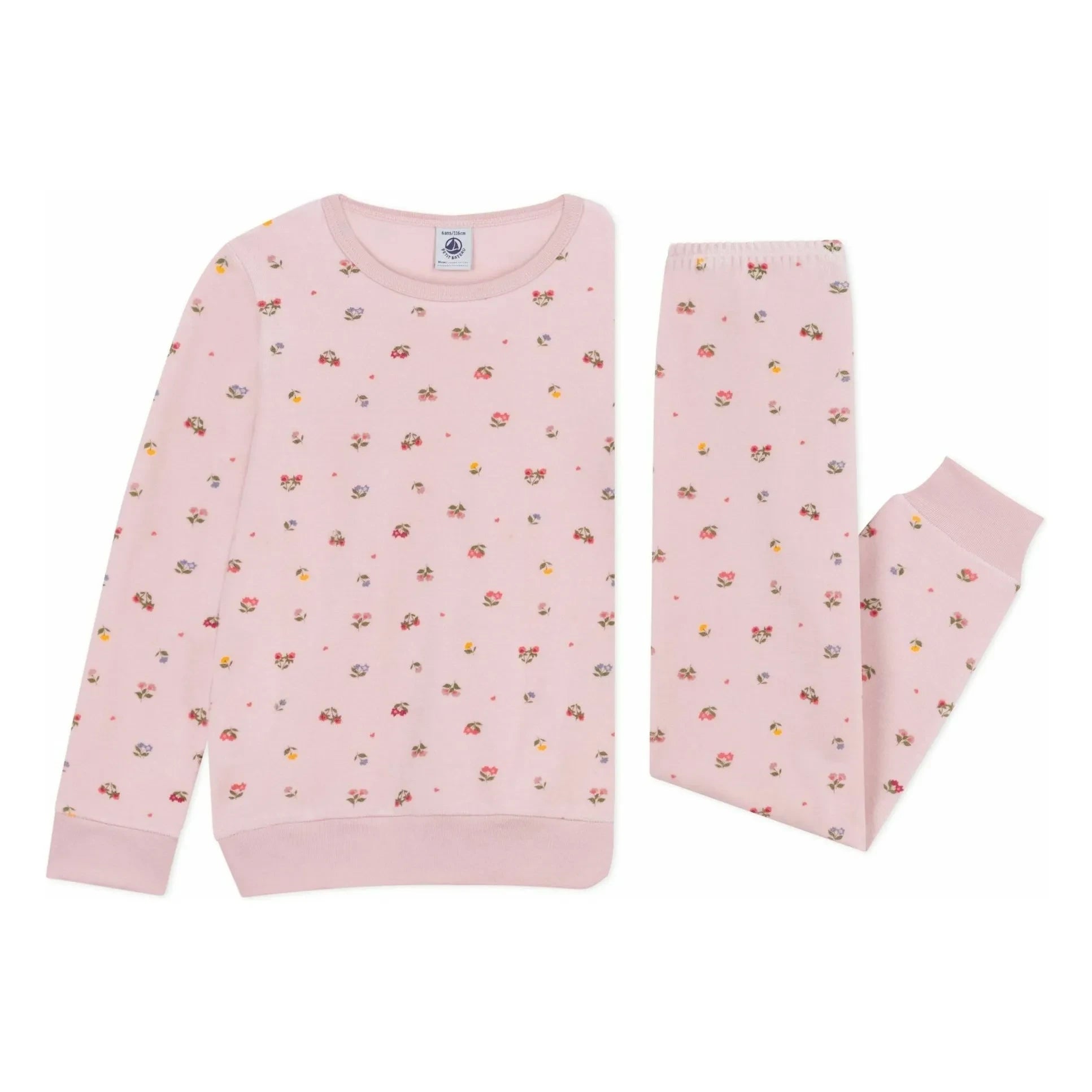 Petit Bateau - Organik pamuklu kalpli ve çiçekli pijama | Soluk Pembe