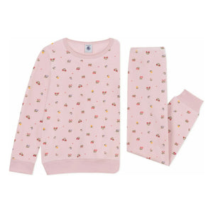Petit Bateau - Organik pamuklu kalpli ve çiçekli pijama | Soluk Pembe