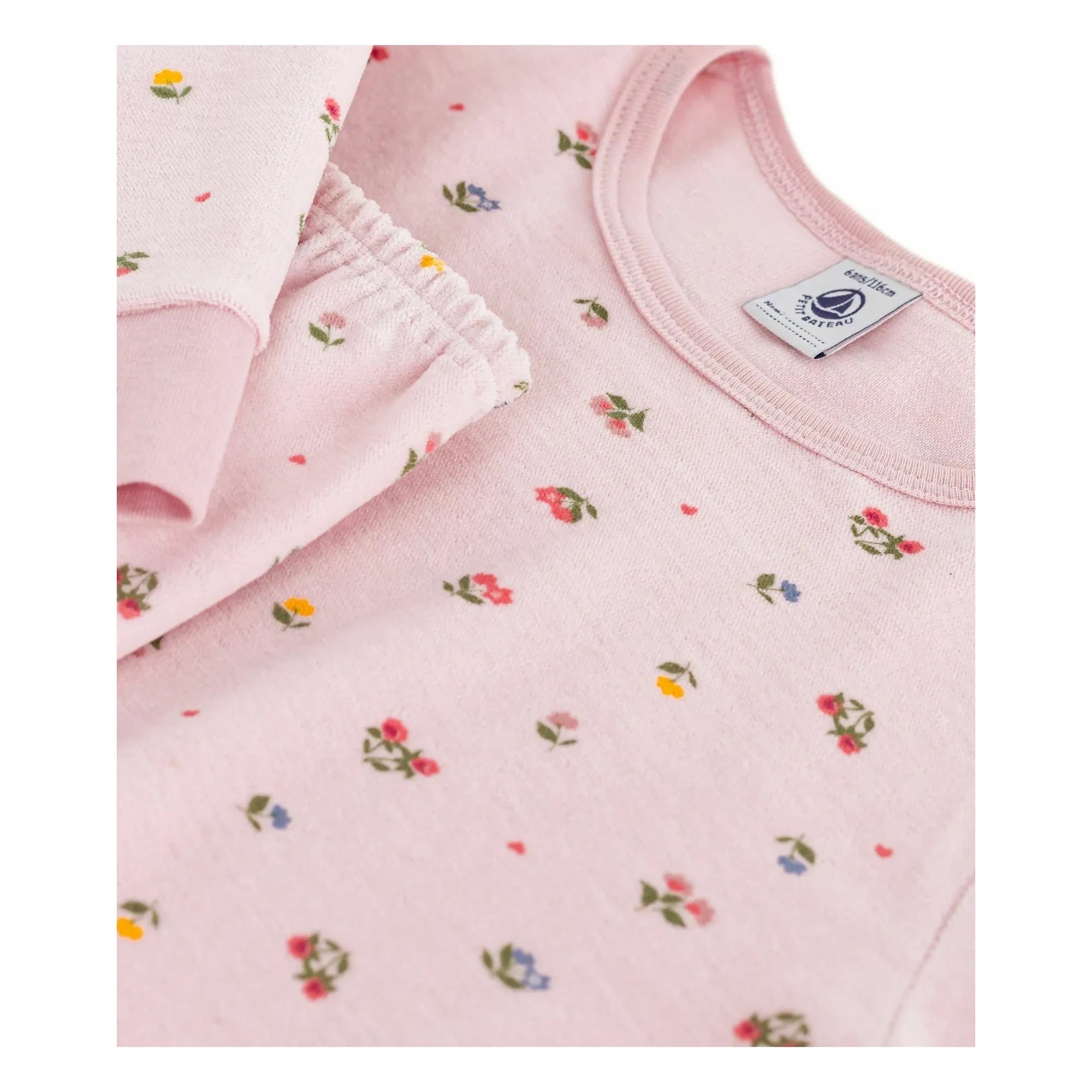 Petit Bateau - Organik pamuklu kalpli ve çiçekli pijama | Soluk Pembe