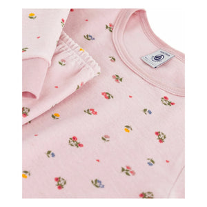 Petit Bateau - Organik pamuklu kalpli ve çiçekli pijama | Soluk Pembe