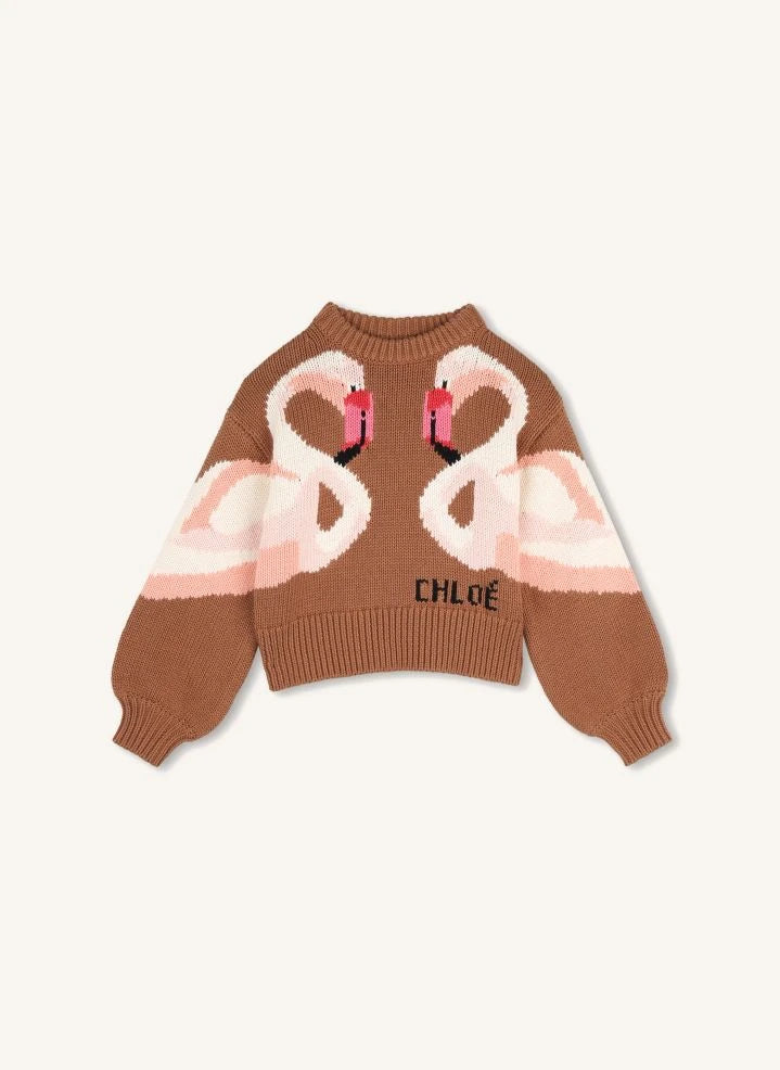 Chloé - Flamants Roses Organik Pamuklu Kazak | Karamel