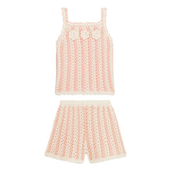 Louise Misha - Openwork Lary Striped Top and Shorts Set | Pink
