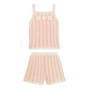 Louise Misha - Openwork Lary Striped Top and Shorts Set | Pink