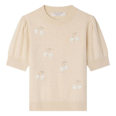 Bonpoint - Leola Kurzarm-Pullover aus Wolle mit Paillettenkirschen | Beige Rosa
