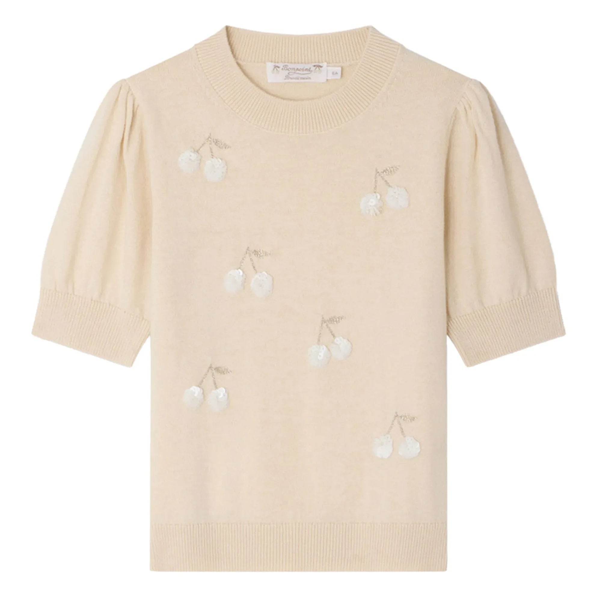 Bonpoint - Leola Kurzarm-Pullover aus Wolle mit Paillettenkirschen | Beige Rosa