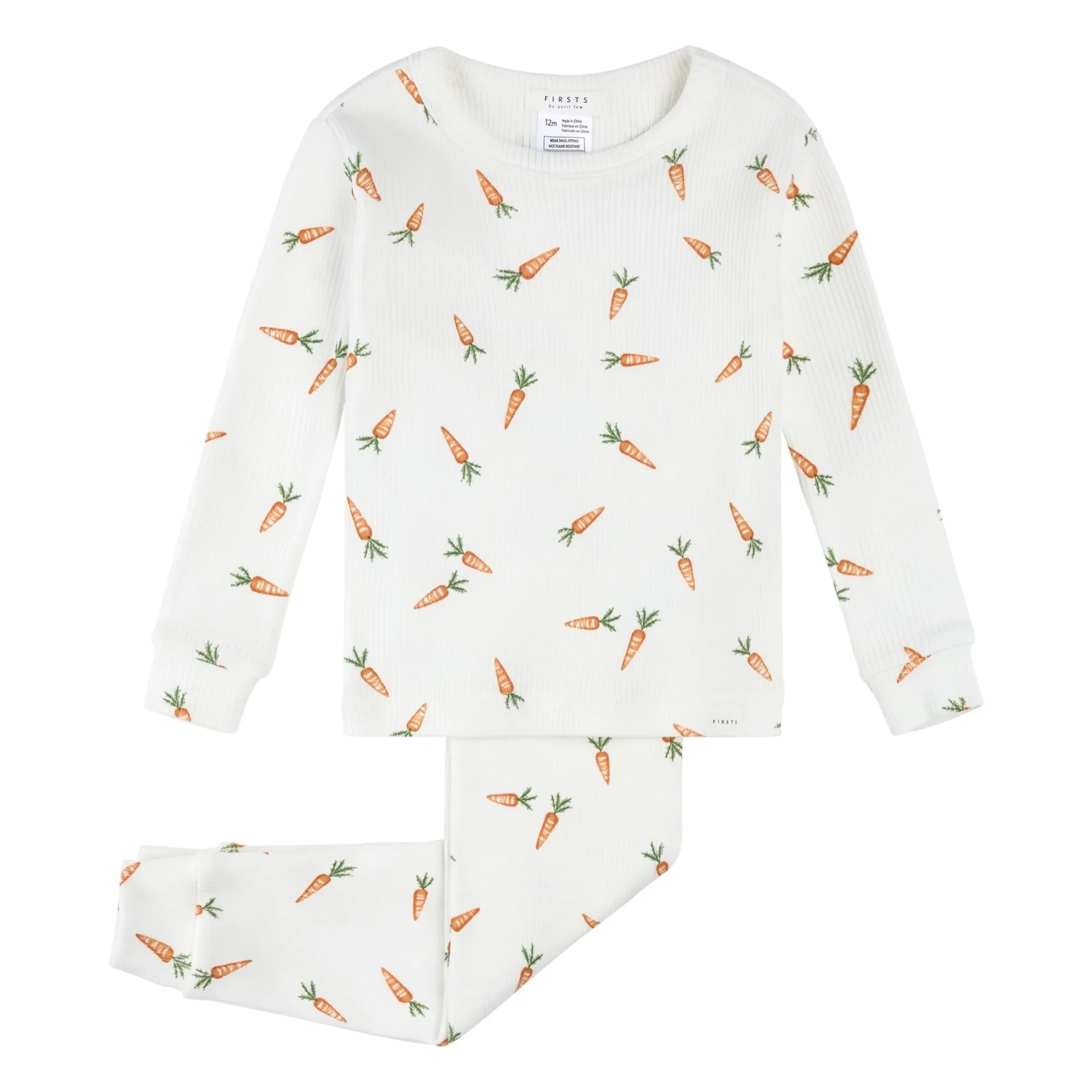 Petit Lem - Long sleeve pajamas, Ribbed Carrot Print Organic cotton | White