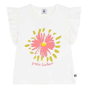 Petit Bateau - Gekräuseltes T-Shirt mit Blumenmuster aus Bio-Baumwolle | Weiß