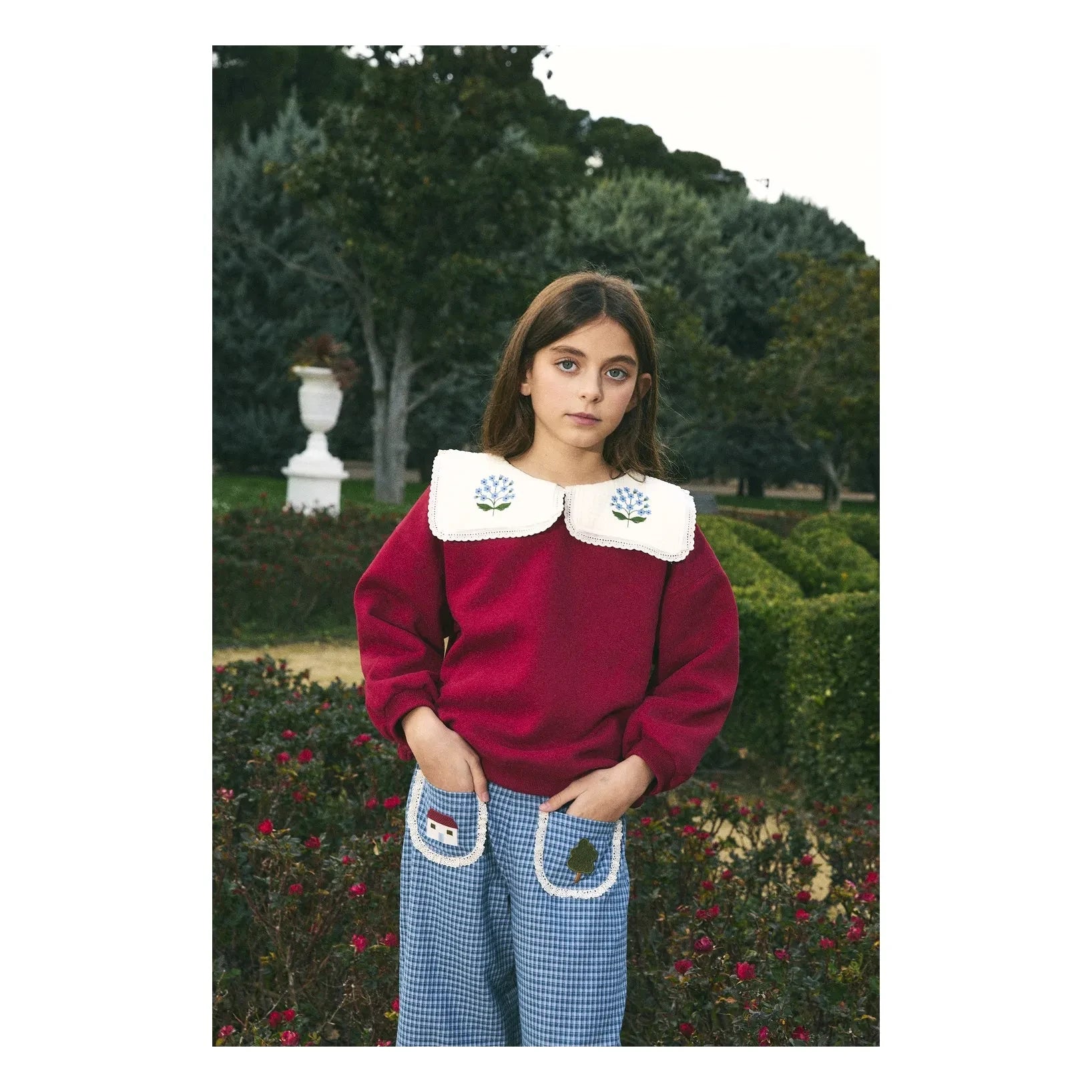 birinit - Organik pamuklu işlemeli drapeli yaka sweatshirt | Bordo
