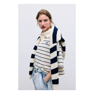 the new society - Musa Cotton Striped Sweater | Midnight blue