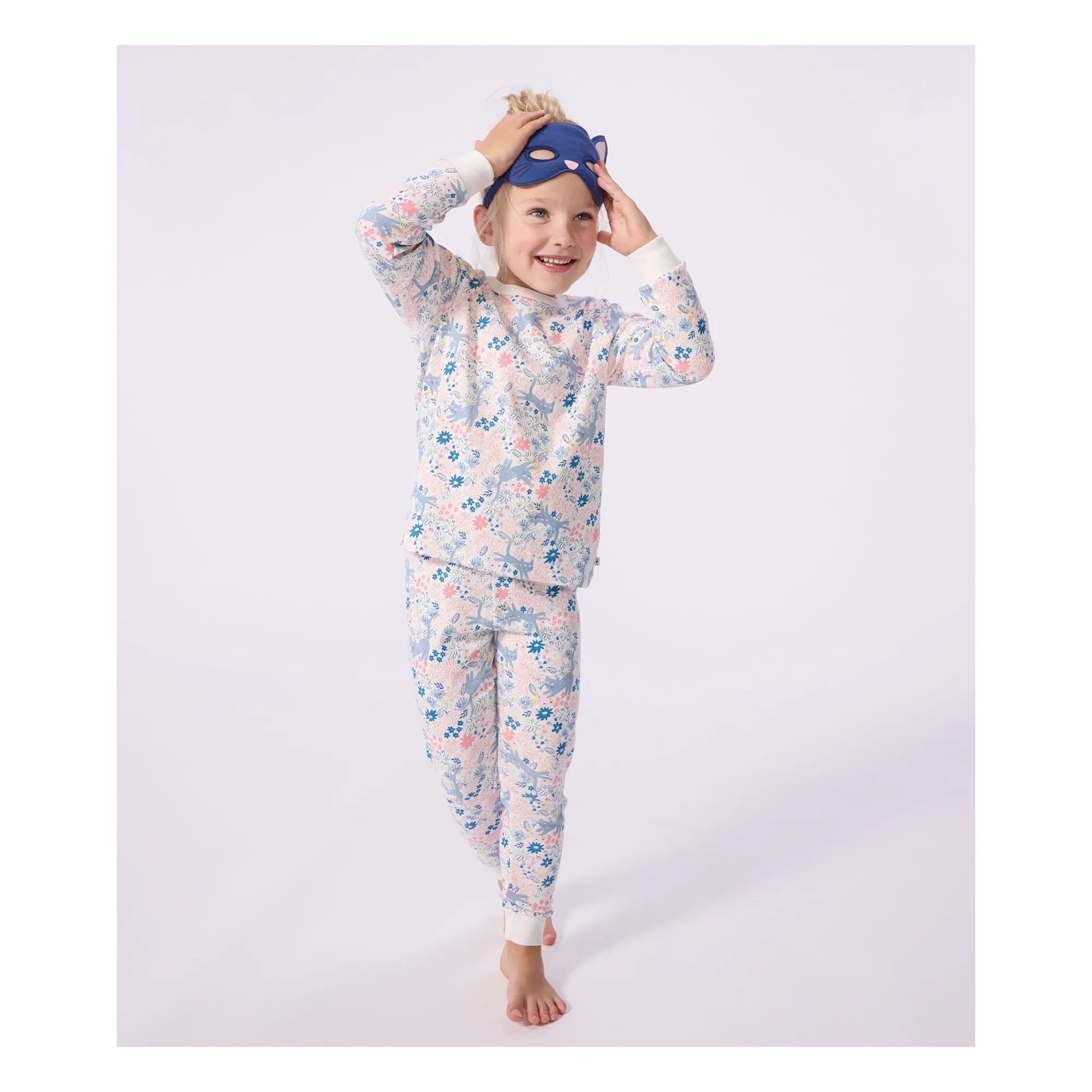 Petit Bateau - Organik pamuklu kedi maskeli ve çiçek desenli pijama takımı | Beyaz