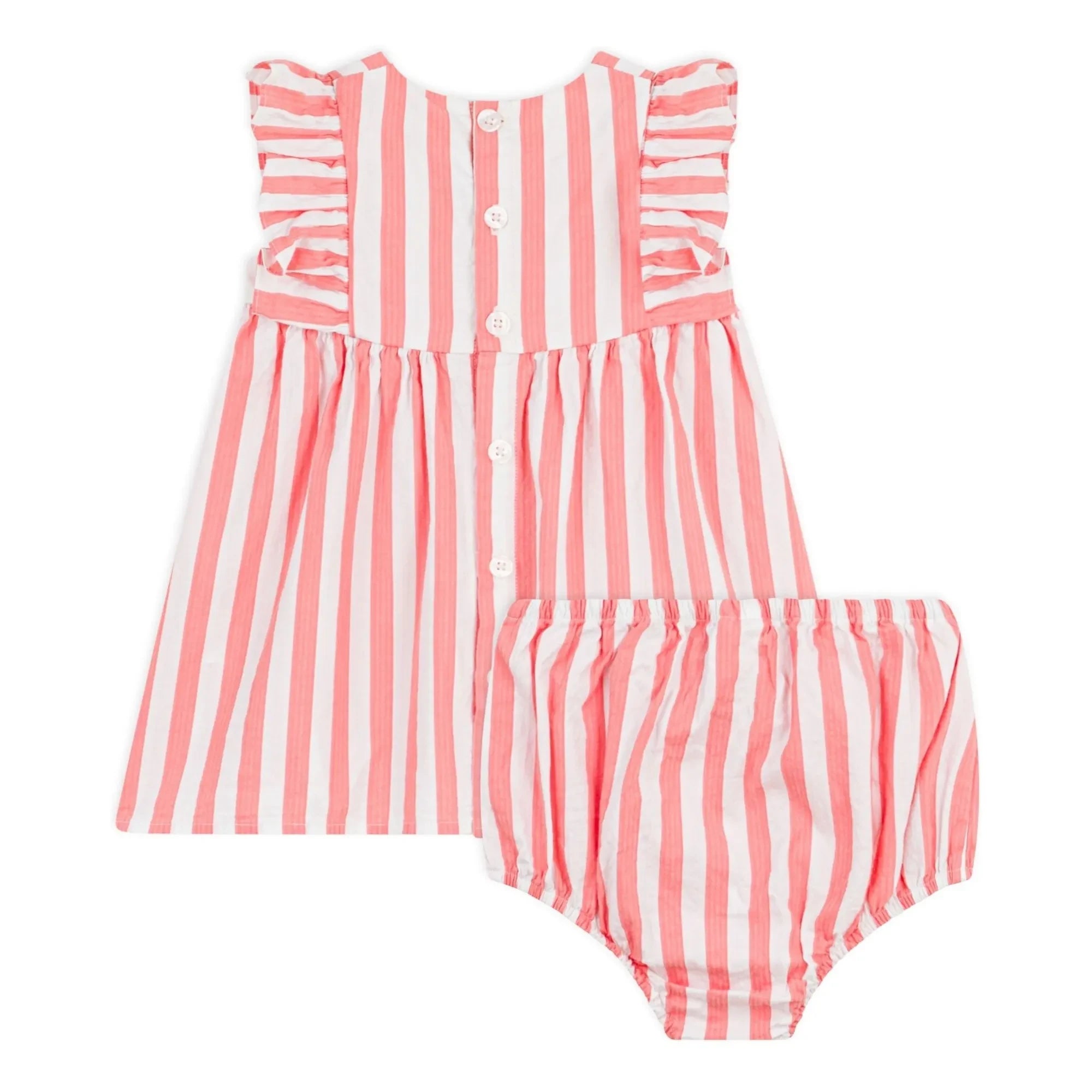 Petit Bateau - Çizgili Seersucker Organik Pamuk Elbise ve Bloomer Seti | Mercan