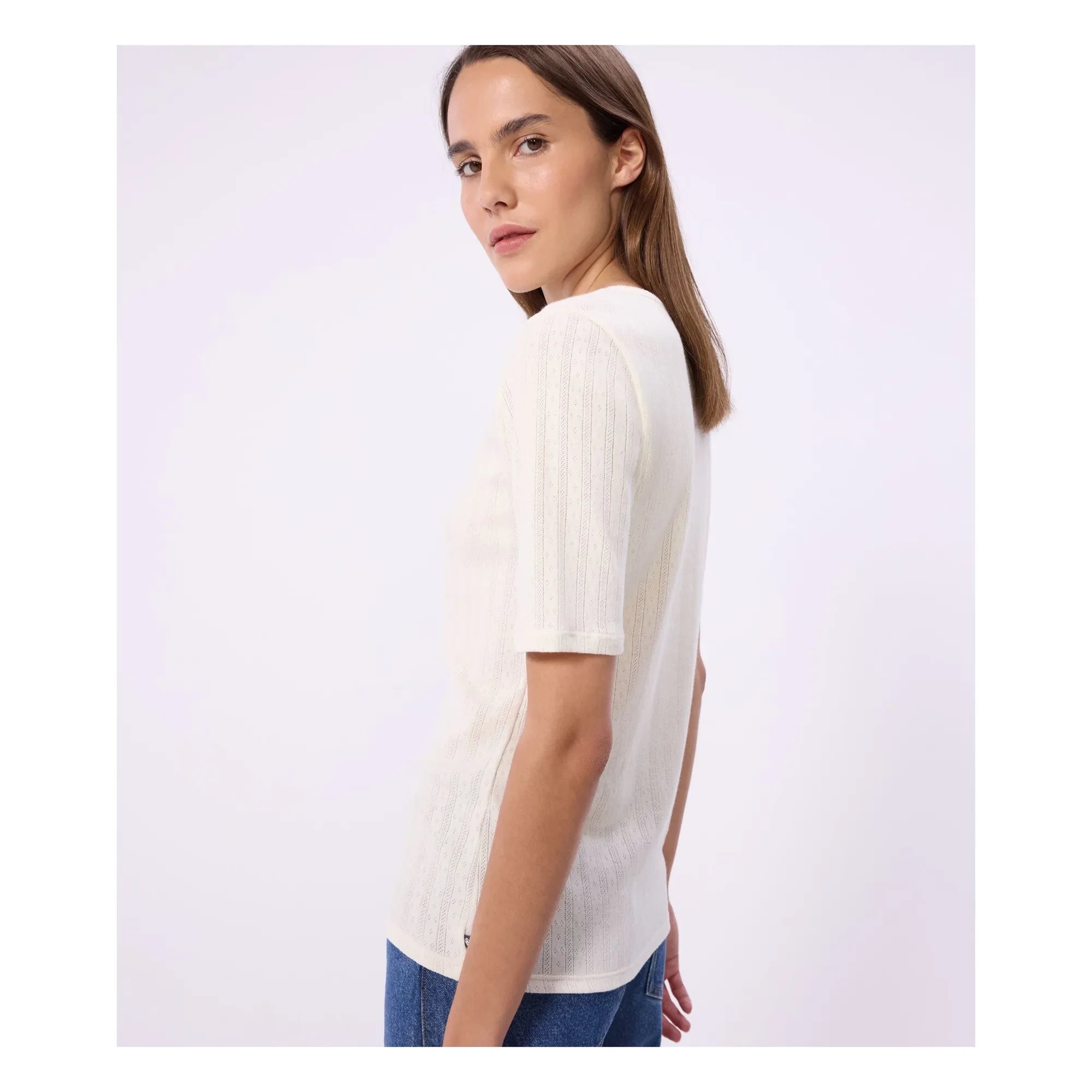 Petit Bateau – Pointelle T-Shirt mit Tuniskragen | Ecru