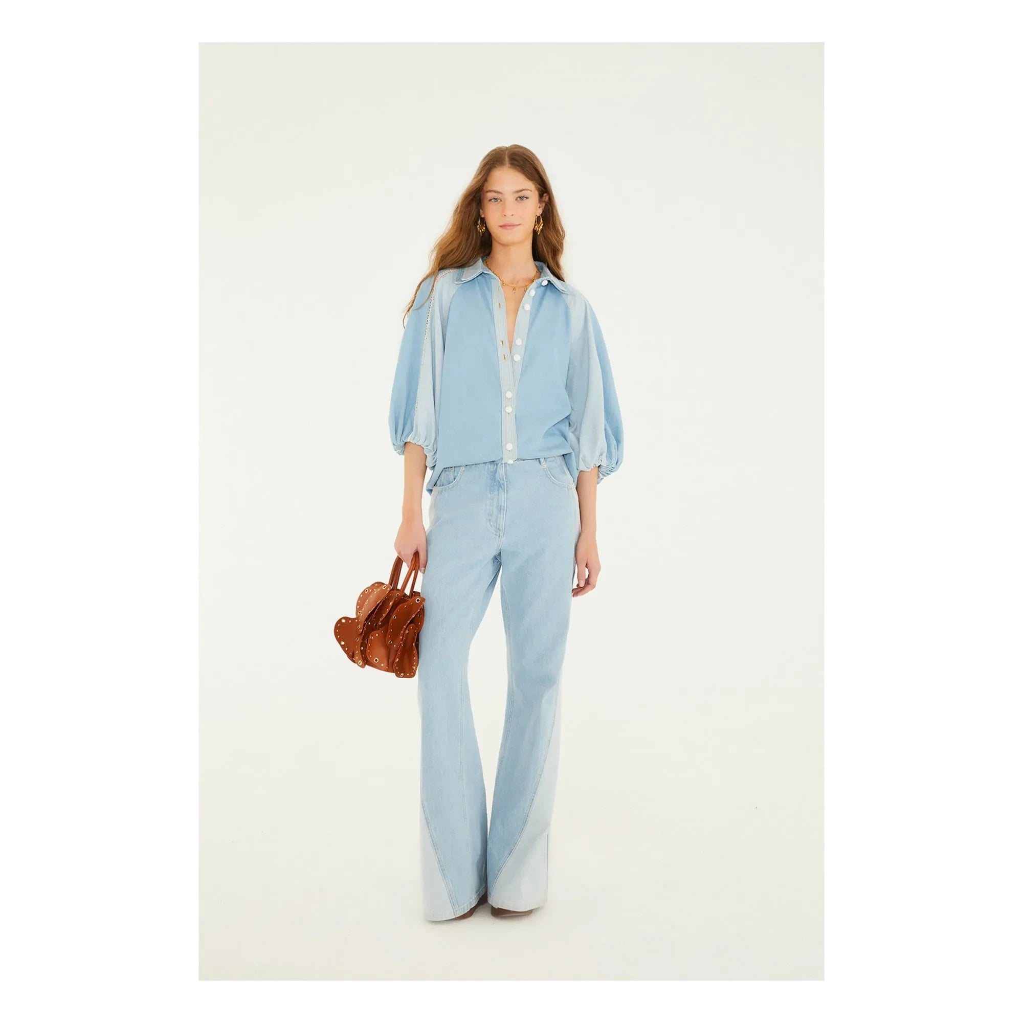 Farm Rio - Zweifarbige Denim Bluse | Blau