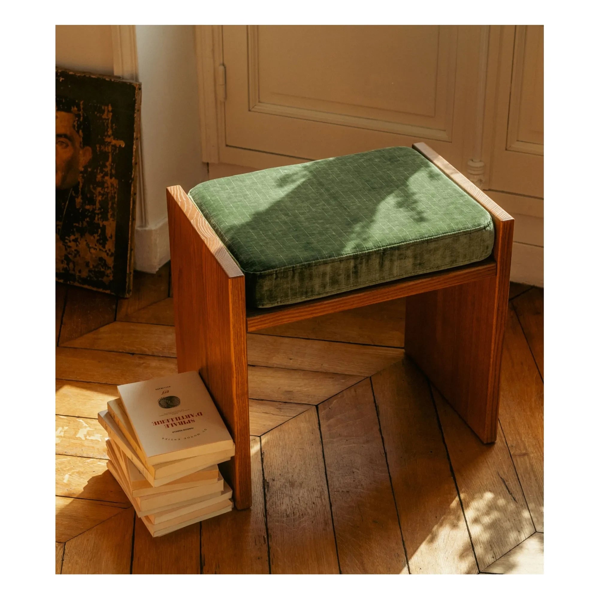 The Socialite Family - Glossy Velvet and Iroko Walnut Cover Chiesa Stool | Olive Green