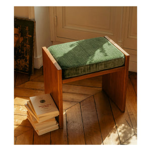 The Socialite Family - Glossy Velvet and Iroko Walnut Cover Chiesa Stool | Olive Green