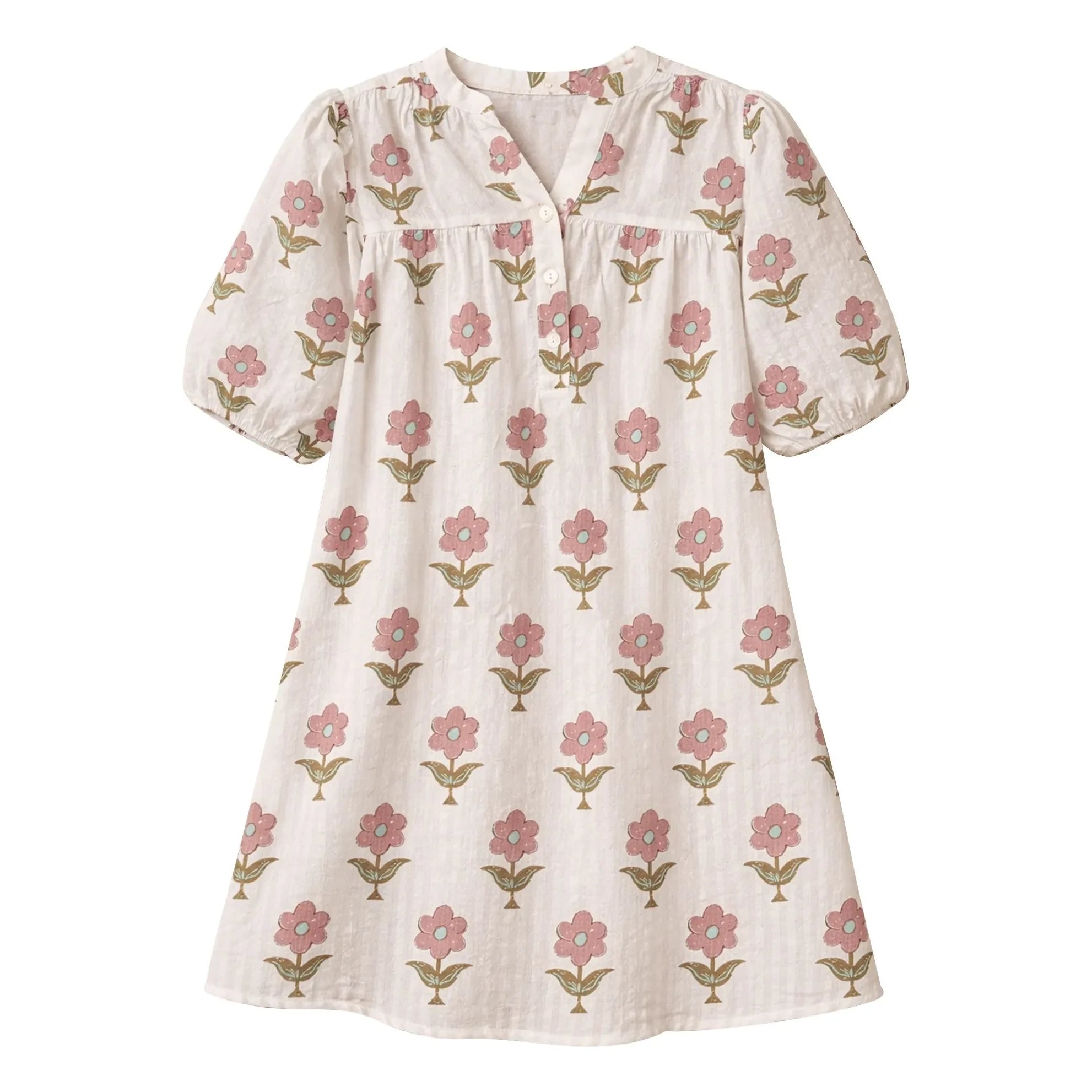 Lililotte - Romy Flowers Floral Print Crinkled Organic Cotton Dress | Ecru