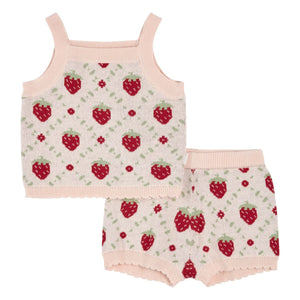 Petit Lem - Strawberry Printed Organic Cotton Knitted Top and Shorts Set | Pink