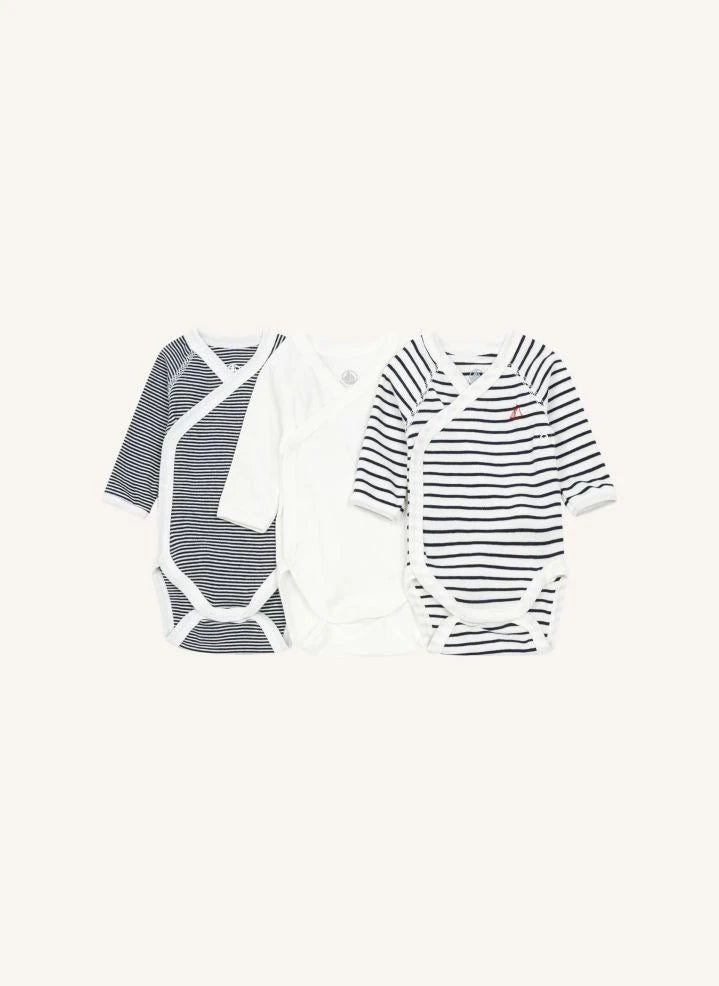 Petit Bateau - Çizgili Yenidoğan Çapraz Askılı Tulumlar - 3'lü Set | Beyaz