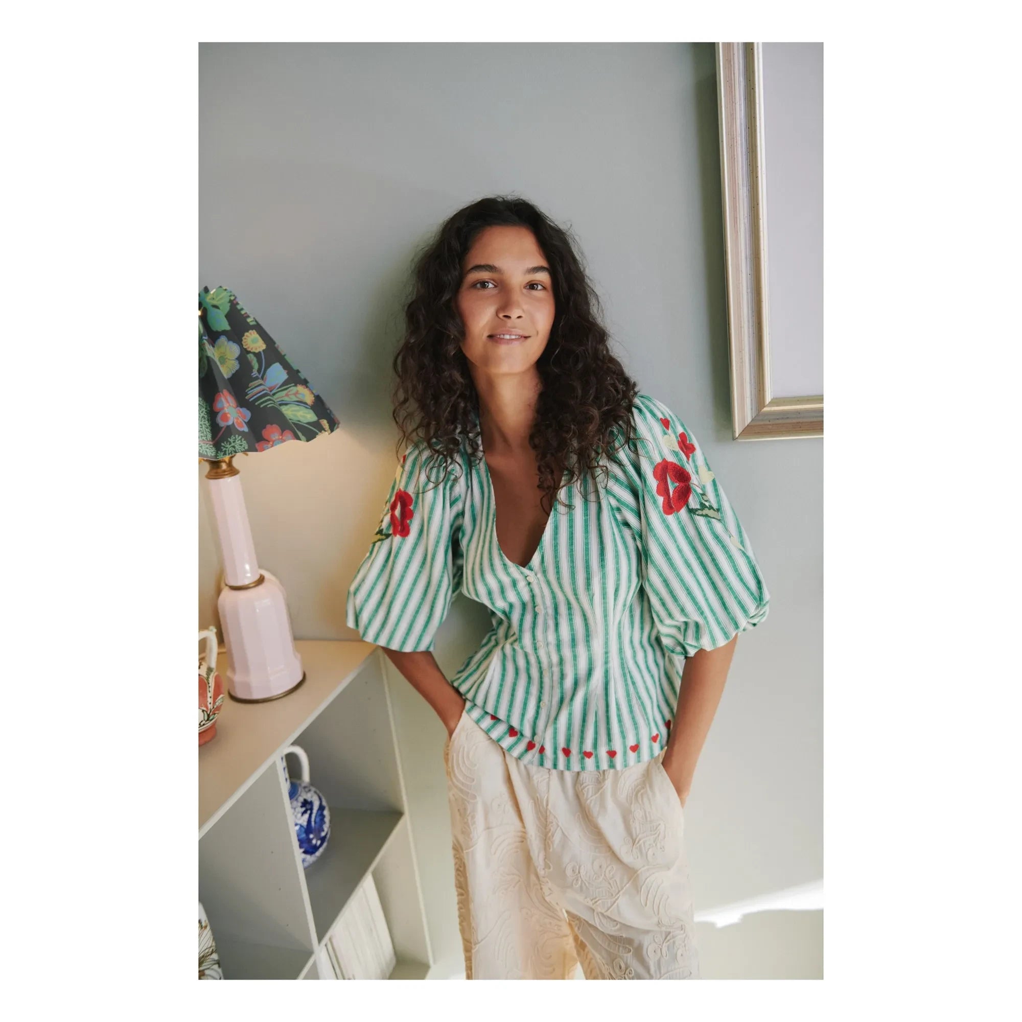 SISSEL EDELBO - Lotta Çizgili Organik Pamuk Bluz | Yeşil