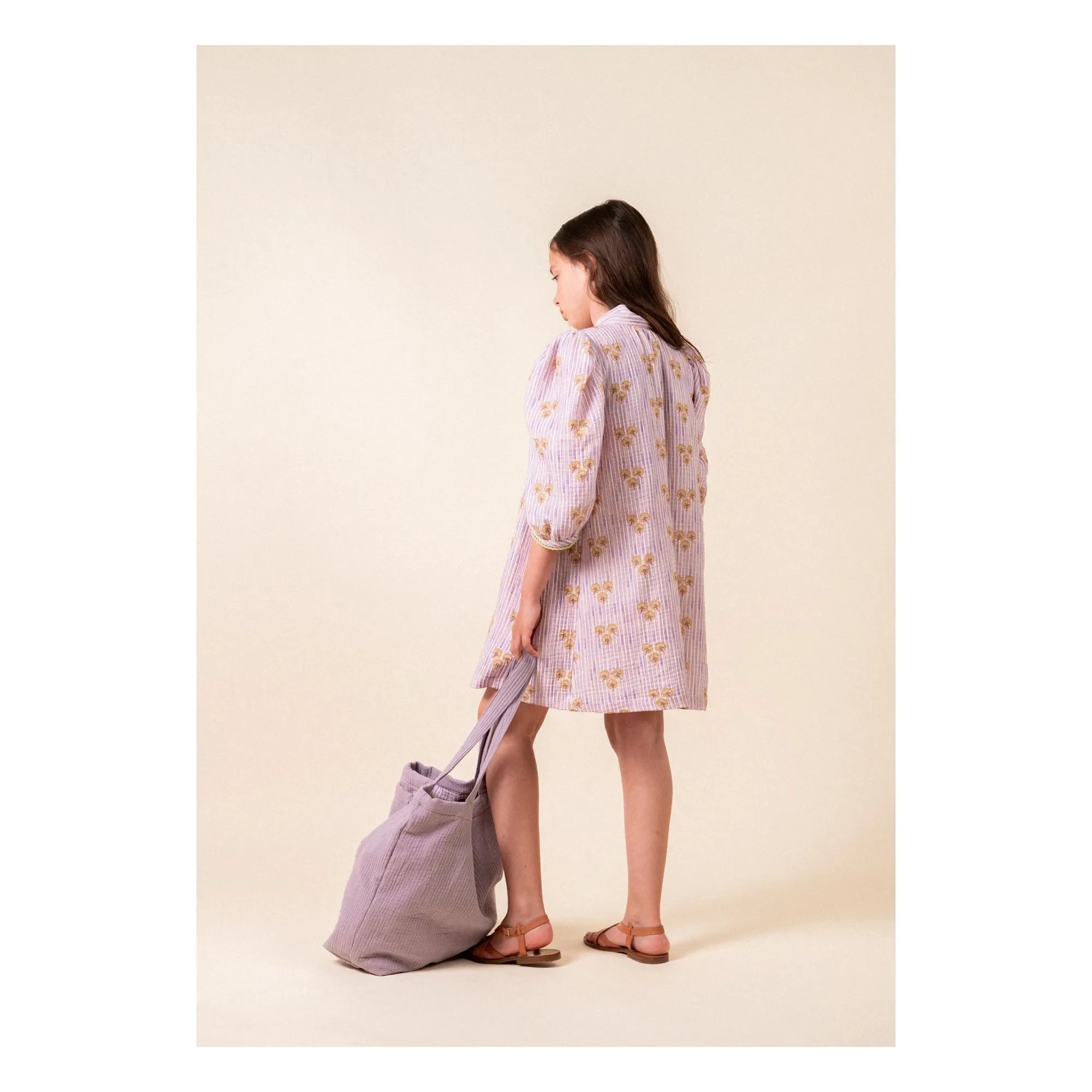 birinit - Striped Organic Cotton Cinca Gathered Dress | Dark Lilac