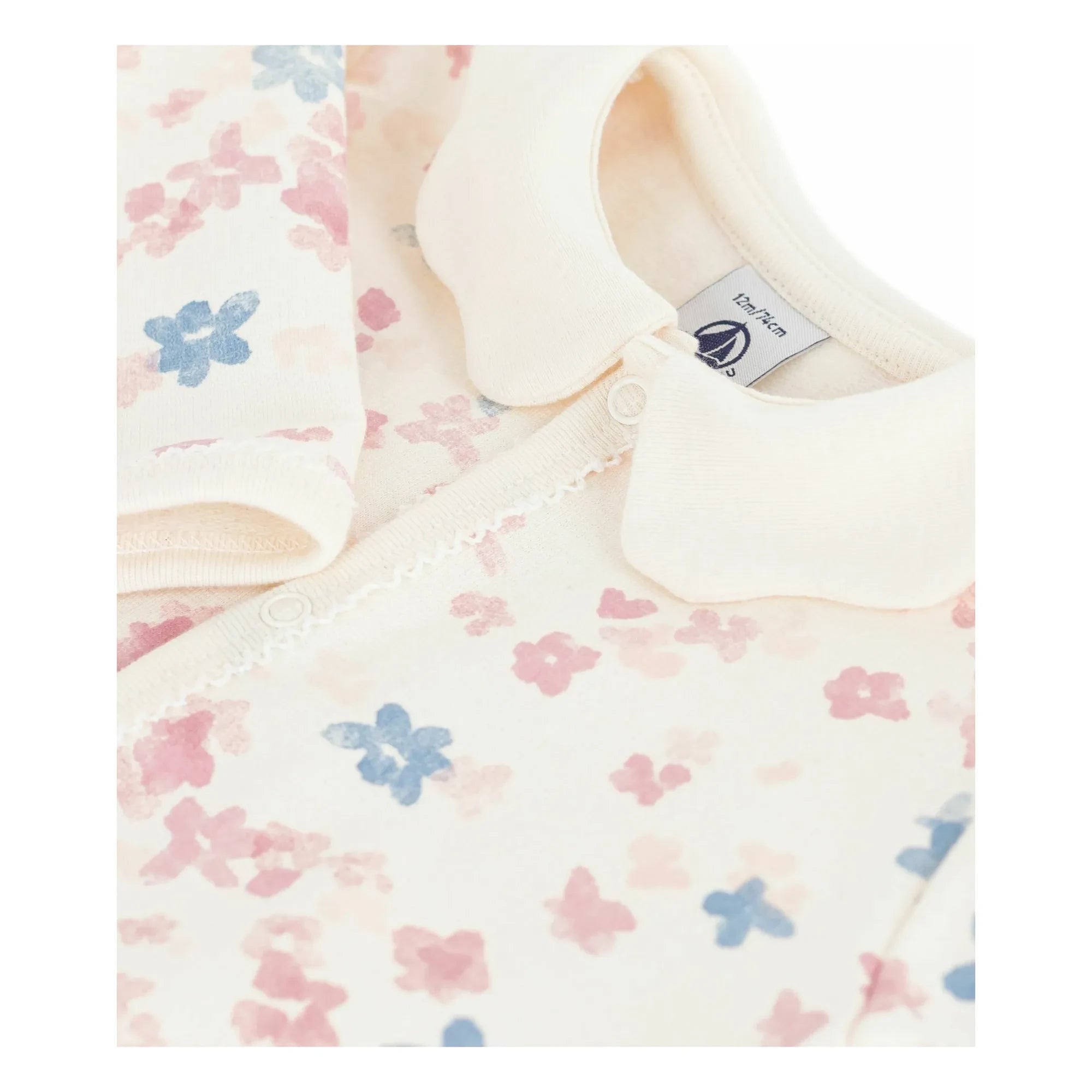 Petit Bateau - Çiçek Desenli Yakalı Dors Bien Pijama Organik Pamuk | Ekru